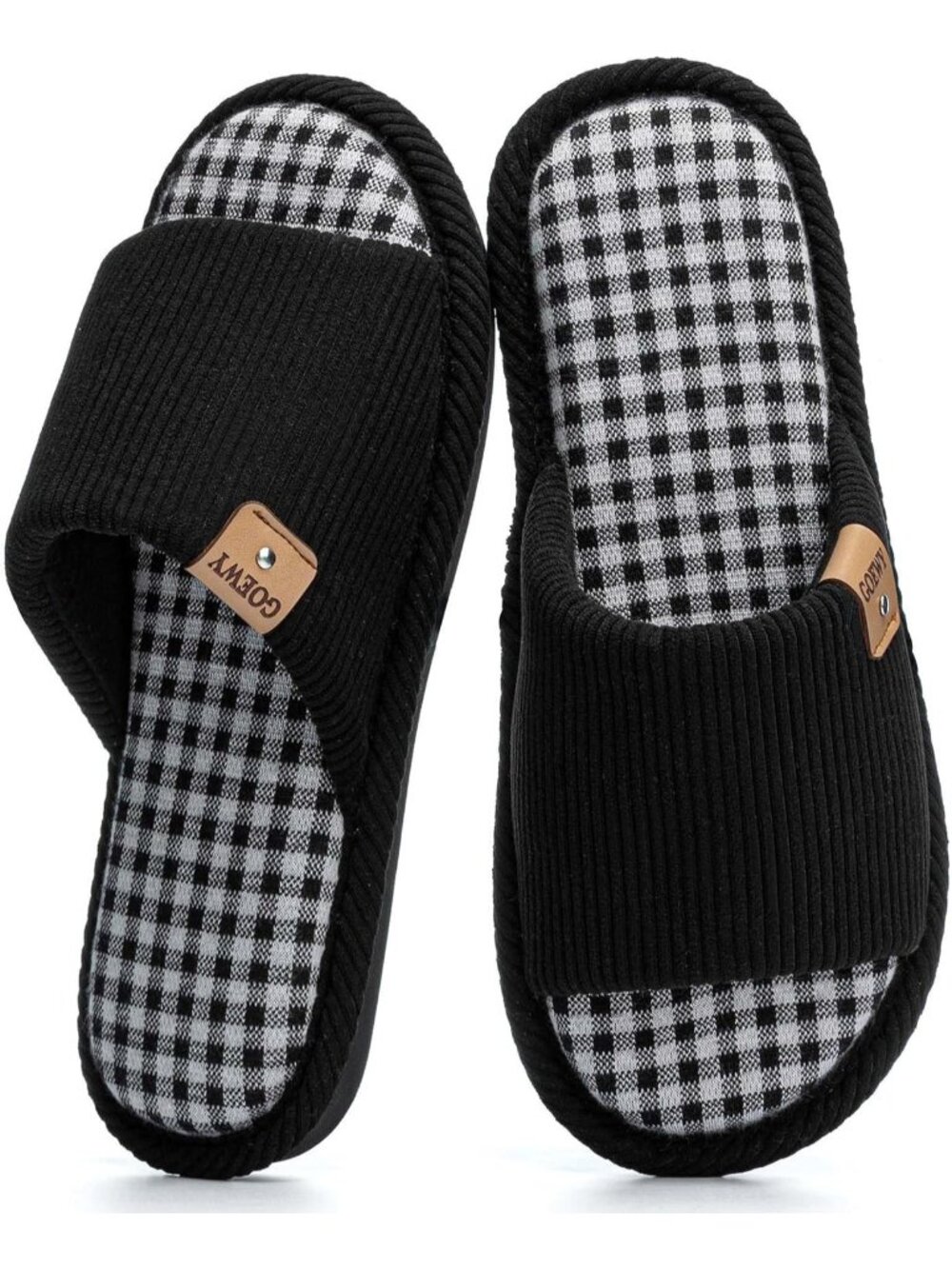 Women's Black Anti Skid Corduroy Memory Foam Open Toe Slip On Indoor Slippers